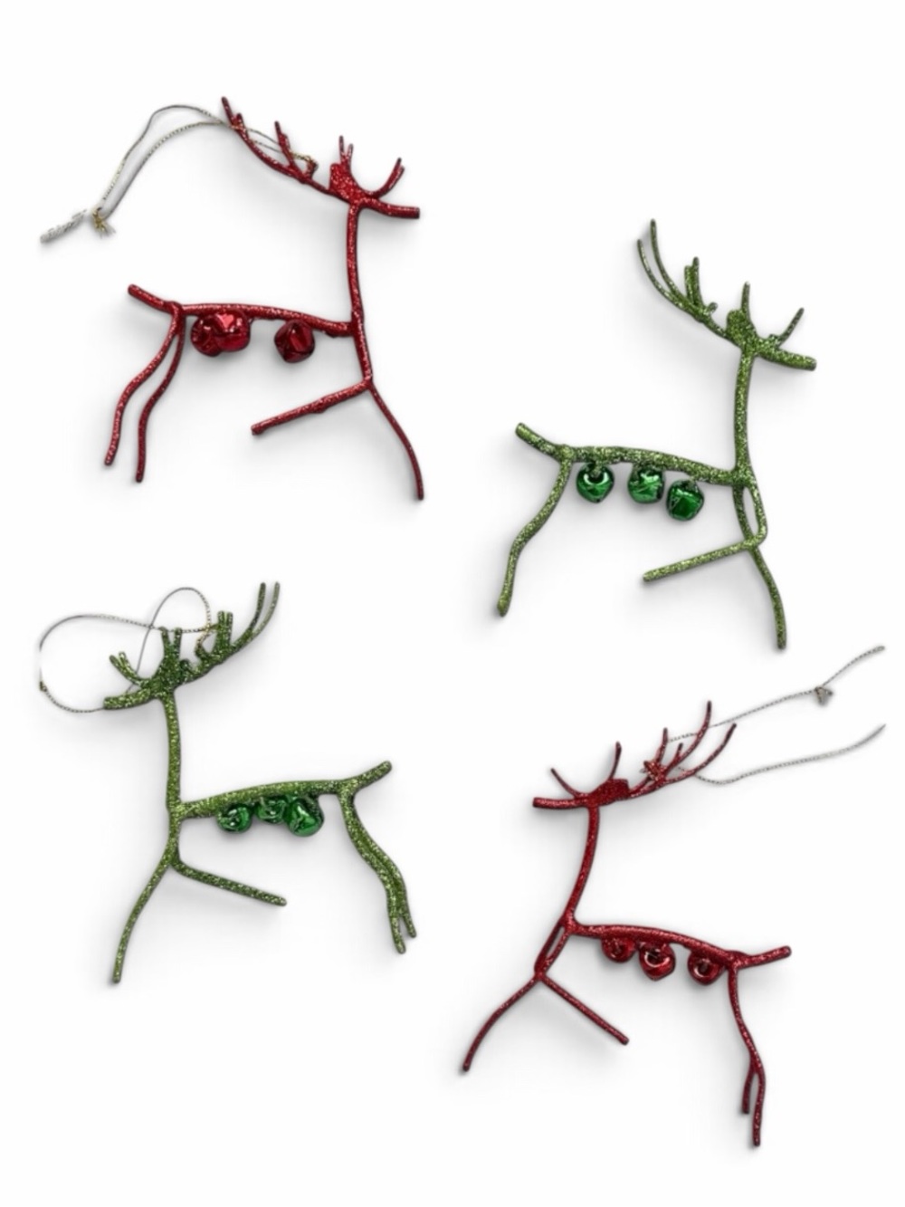 Set of 4 Bloomingdale's Red and Green Glitter Jingle Bell Reindeer Ornaments